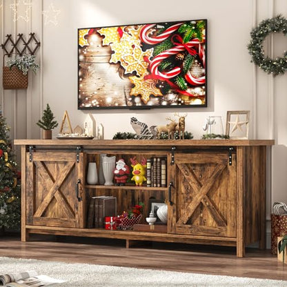 Farmhouse TV Stand for 65 Inch TV with Sliding Barn Door, Rustic Wood Entertainment Center Large Media Console Cabinet Long Television Stands,Console Table and Media Furniture for Living Room(Brown)