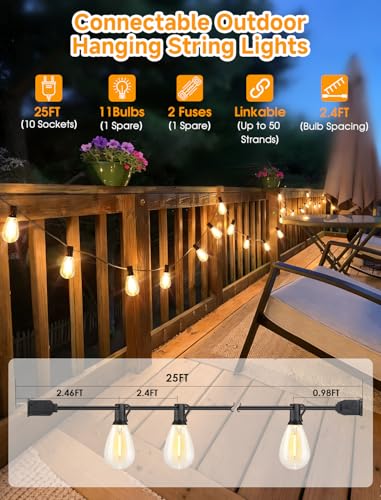 25FT LED Outdoor String Lights, 10+1 Edison S11 Dimmable Bulb Waterproof Patio Lights, Connectable Outside Hanging Strand for Backyard Garden