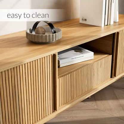 Modern TV Stand for 45/55/70 inch TV, Entertainment Center with Sliding Doors and Storage, Wood TV Stand for Bedroom, Living Room, Natural