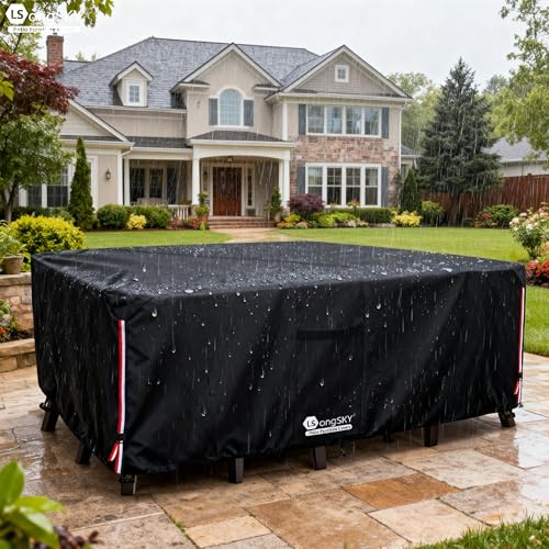 Outdoor Furniture Covers Waterproof,600D Heavy Duty Patio Furniture Covers for 6/7/8 PCS Sets Sectional Sofa Couch Rocking Swivel Chairs Ottomans Coffee Table,111L x 74W x 28H inch Black