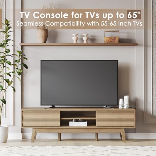 59" TV Console, Mid Century Modern TV Stand for 55/60/65 Inch TV, Low Profile Media Console with Fluted Sliding Doors, Boho Wood Credenza for Living Room, Oak