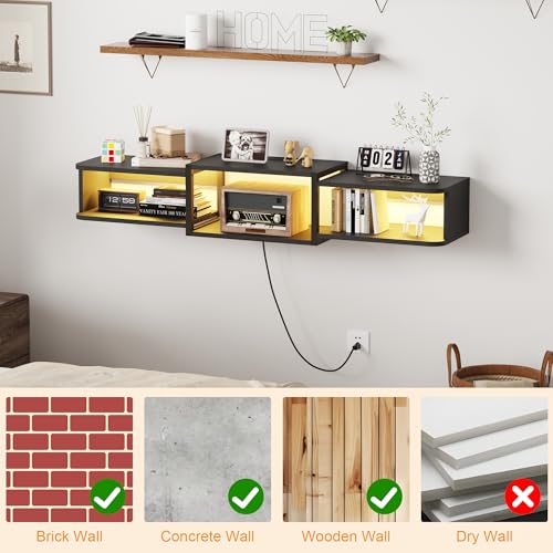 Floating TV Stand with LED, 47.3" USB Charging, Black, view 6