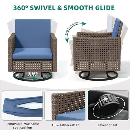 3 Pieces Patio Set w/2.8" Thick Cushions, All Weather Swivel Patio Furniture Set w/Wicker Rocking Chairs & Rattan Side Table for Backyard Deck Poolside, Blue