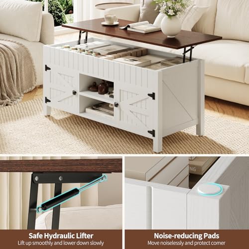 47.3“ Lift Top Coffee Table with Storage - White Coffee Tables for Living Room, Farmhouse Wood Center Table, Large Rectangle Middle Tables with Hidden Compartment & Adjustable Shelf