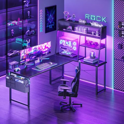 59 Inch L Shaped Gaming Desk with Display Shelves, LED Lights, Black, view 3