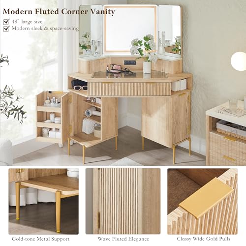 48" Corner Makeup Vanity with Lighted Triple Mirror, Natural Oak, view 6