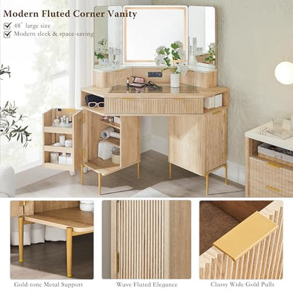 48" Corner Makeup Vanity with Lighted Triple Mirror, Natural Oak, view 6