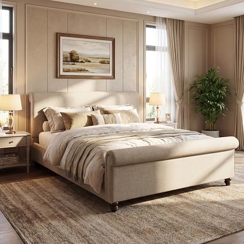 King Size Upholstered Bed Frame with Linen Fabric, view 4