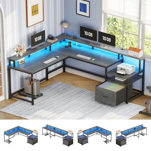 66" Reversible L Shaped Computer Desk with Power Outlet, File Drawer, view 2