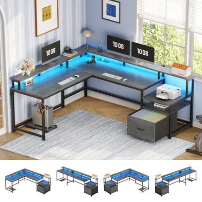 66" Reversible L Shaped Computer Desk with Power Outlet, File Drawer, view 2
