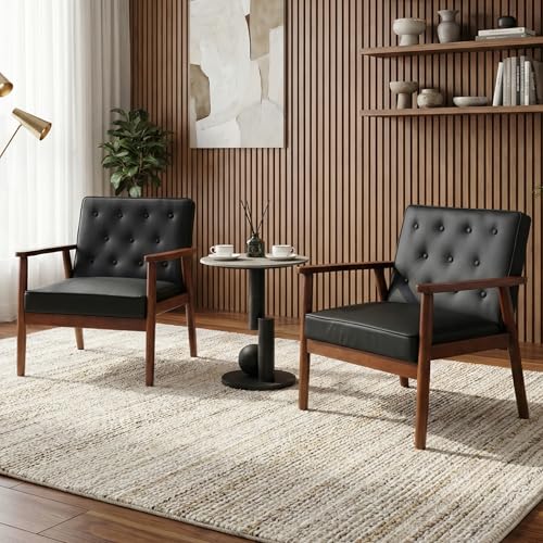 Mid-Century Retro Modern Solid Wood Armrest Black Accent Chairs Set of 2, Faux Leather Arm Chairs for Living Room, Waiting Room Chairs (2, Black)