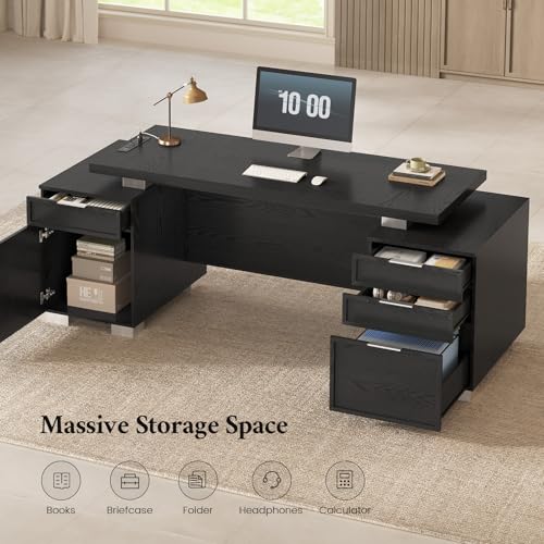 80.6" Executive Desk with Power Outlet and File Drawer, Modern Home Office Desk with 3 Large Cabinets and Privacy Panel, Business Furniture for Home Office, Living Room, Black