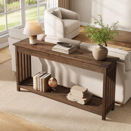 63" Solid Wood Console Table with 2-Tier Shelf, Farmhouse Sofa Table, Rustic Entryway Table for Behind Couch, Hallway, Living Room