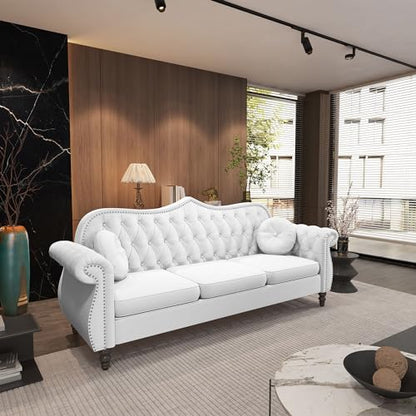 3-Piece Living Room Sectional Sofa Set, Mid-Century Modern Chesterfield Upholstered Velvet Sofa Couch, Classic Tufted Button White Couch with Nailhead Trim for Living Room, Office (White)