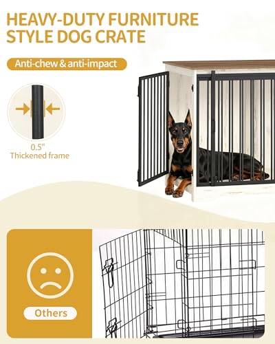 46.9" Dog Crate Furniture with Barn Door, Heavy Duty Dog Kennel Indoor with 2 Doors, Wooden Pet Cage End Table for Large Medium Dogs, Anti-Chew Anti-Escape, White Brown DFC93314B
