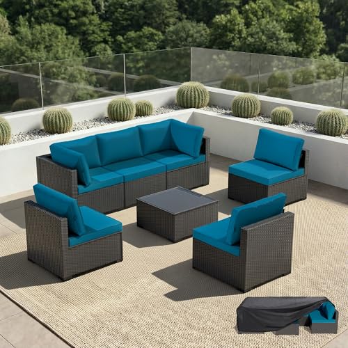 Patio Furniture Set - All-Weather - 7 Piece Patio Outdoor Conversation Set, Modular Wicker Rattan Sectional Sofa for Backyard, Garden, Poolside, Balcony, Porch, Patio,Black/Peacock Blue