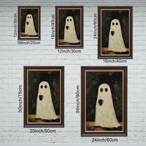 Halloween Ghost Canvas Wall Art with Natural Wood Grain Frame, Cozy Spooky Coffee Decor, Rustic Farmhouse Style Wall Picture for Living Room Kitchen Bedroom Autumn Seasonal Wall Decorations - 8x12