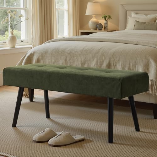 Entryway Bench - Green Bench for Bedroom, Modern Ottoman End of Bed, Corduroy Padded Benches for Living Room, Foyer, Mudroom, Hallway - 39" L x 14" W x 17" H | Corduroy Padded Benches for Living Room, Foyer, Mudroom, Hallway - 39" L x 14" W x 17" H