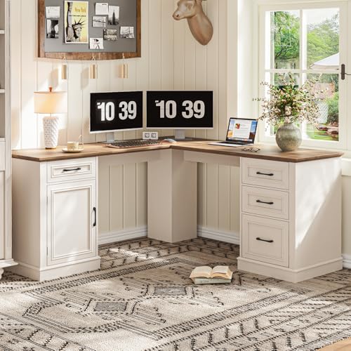 Farmhouse 59" L-Shaped Executive Desk with Drawers, Wood Home Office Corner Desk with Charging Station, File Drawer, Storage Cabinet, Rustic Computer Writing Desk for Home Office (Unique White)