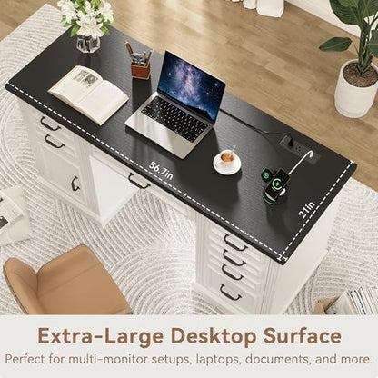 Farmhouse 57" Executive Desk with 7 Drawers, Home Office Desk with File Cabinet Storage, Computer Desk with Charging Station and Headphone Hook for Work, Study, Writing, White