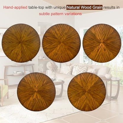 33.5"D Round Wood Coffee Table with Curved Legs, Wood Grain Top | Brown Walnut Wood Tabletop & Legs, Farmhouse Cocktail Table for Living Room, Solid Circle Center Wooden Table
