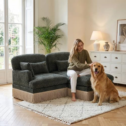 Modular Sectional Leopard Print Couch w/Ottoman,Modern 2-Seat L-Shaped Cloud Couch,Pillows,Tassel Fringe Skirt,High-Resilience Foam Sofa,Easy Assembly for Living Room,Apartment(Gre-Blk 69.2")