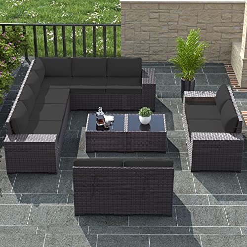 12 PCS Outdoor Patio Furniture Set,Outdoor Sectional Furniture All Weather PE Rattan Wicker Patio Conversation Set with 2 Coffee Tables and 10 Thickened Cushions,Black