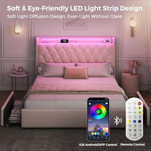 Full LED Velvet Bed Frame with 2 Storage Drawers&Hidden Headboard, view 4