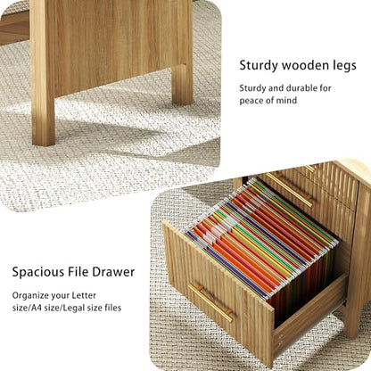 Fluted Executive Desk with Drawers: 60" Oak Home Office Desks with File Drawers, Modern Computer Desk with Gold Handles, Writing Table for Study, Living Room (Oak, 60")