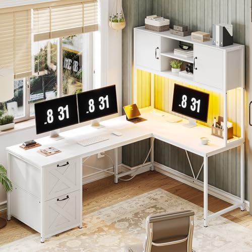 White L Shaped Office Desk, Farmhouse Home Office Desk with Fabric File Drawers and Power Outlet, Corner Gaming Desk with LED Lights, Hutch and Storage Shelves