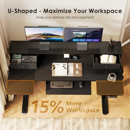 55 Inch U Shape Standing Desk with Keyboard Tray & Drawers, Black, view 7