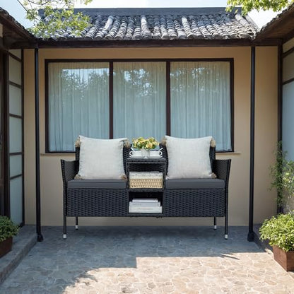 Patio Loveseat Outdoor Wicker Furniture Conversation Set with Soft Cushions & Built-in Coffee Table for Lawn Garden Backyard, Gray