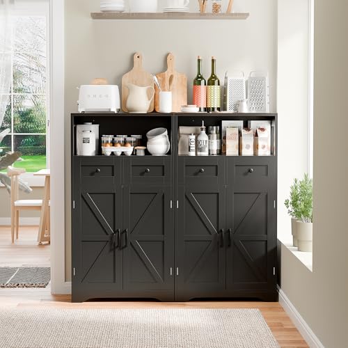 Farmhouse Storage Cabinet, Bathroom Floor Cabinet Kitchen Pantry with Doors and Drawers, Hutch Cupboard for Living Room, Bedroom, Laundry, Black