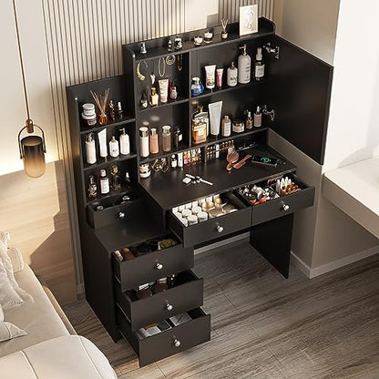 Vanity Desk with Mirror and Lights, Makeup Vanity with 6 Drawers and Shelves, Dressing Table with Power Outlet, Makeup Desk with Led Lighted Mirror in 3 Colors, for Bedroom, Black