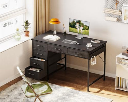 Computer Desk with 6 Drawers, 40 Inch Small Desk with Storage, Reversible Desk with Headphone Hook for Home Office, Work Study Table for Bedroom, Black
