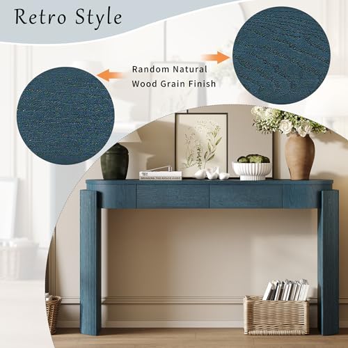Modern Entryway Console Table with Storage Drawers, 55.1-Inch Oval Fluted Slim Entry Sofa Table for Living Room Entrance Hallway, Navy