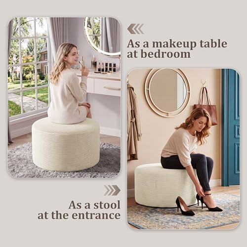 Round Ottoman,Corduroy Ottomans Foot Stool, 27.5" Pouf Footstool Ottomans Seat, Round Footrest, Modern Side Table for Living Room Bedroom Home Decor No Assembly Require (Beige, 27.5")