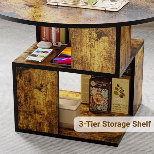 Round Coffee Table with Storage,3-Tier Coffee Table for Living Room,Wooden Tabletop-Caramel Brown with Black Frame