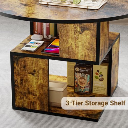 Round Coffee Table with Storage,3-Tier Coffee Table for Living Room,Wooden Tabletop-Caramel Brown with Black Frame