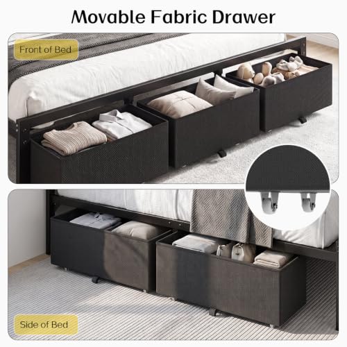 King Bed Frame with 3 Drawers, Charging Station & RGB LED Lights, view 7