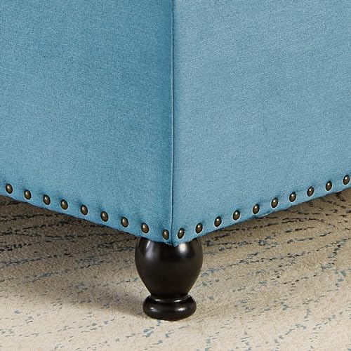 Linen Oversized Storage Ottoman,Large Square Ottoman Bench with Storage,Tufted Sofa Ottomans Footstool,Mid Century Modern Coffee Table for Living Room with Nailhead Trim (Light Blue)