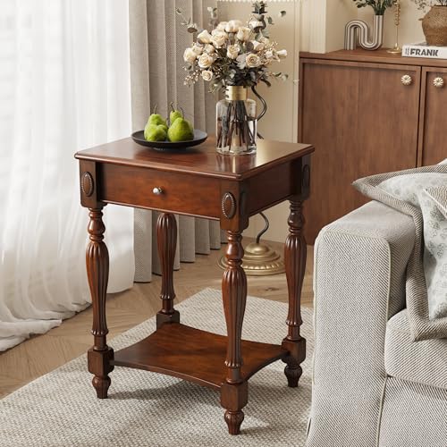 Solid Wood Side Table with Drawer, Victorian Style Vintage Nightstand, Antique Cherry Wood End Tables Living Room Bedroom, 19.7x15.7x27.6 inch, No-Tools Assembly, Cherry Walnut GBJ-1533-WD