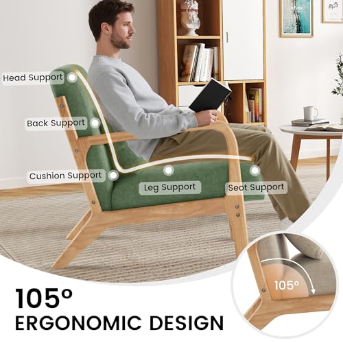 Mid Century Modern Accent Chair with Lumbar Pillow, Upholstered Chair for Living Room, Accent Chair with Solid Wood Frame Reading Chair Armchair for Bedroom Small Spaces, Green