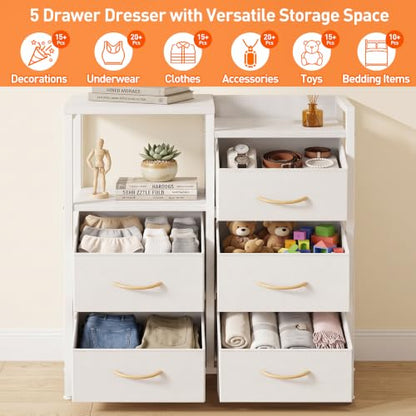 White Dresser for Bedroom, 5 Drawer Small Fabric Closet Dresser, view 6