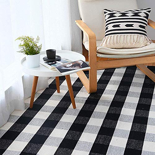 Cotton Rug Hand-Woven Checkered Carpet Braided Kitchen Mat Black and White Floor Rugs Living Room Area Rug, 70.8''×47.3''