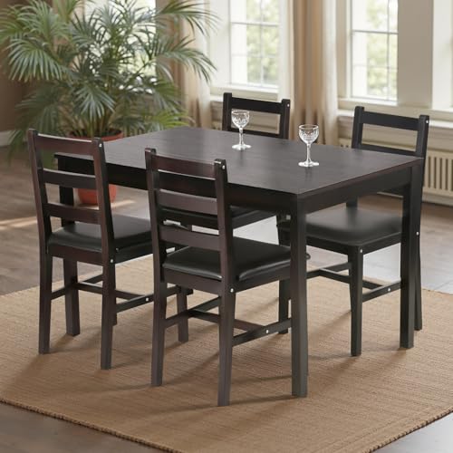 | 5-Piece Solid Wood Dining Table Set for 4 | Brown | Space-Saving Design | Smooth Easy-to-Clean Surface | Pine Kitchen Table with Upholstered Chairs | for Dining Room, Apartment, Restaurant