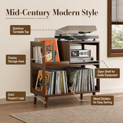 Record Player Stand with Vinyl Storage, Mid-Century Turntable Stand, Walnut, view 6