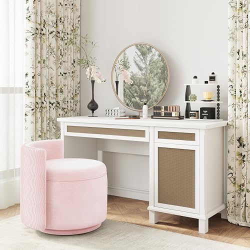 360° Swivel Accent Chair with Storage, Vanity Stool with Back, Velvet Storage Ottoman, Upholstered Round Barrel Vanity Chair for Living Room, Makeup Room, Bedroom (Pink)