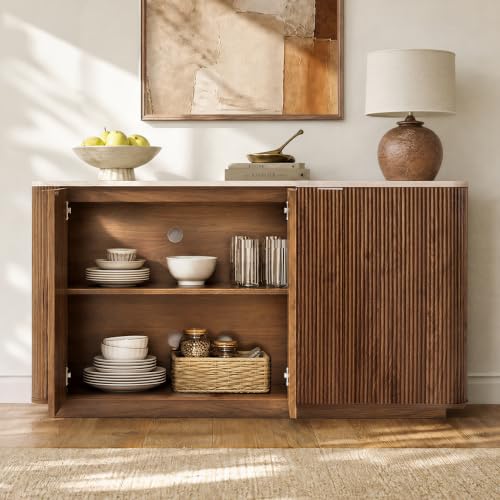 55" Fluted Buffet Sideboard with Storage Cabinet, Walnut, view 6