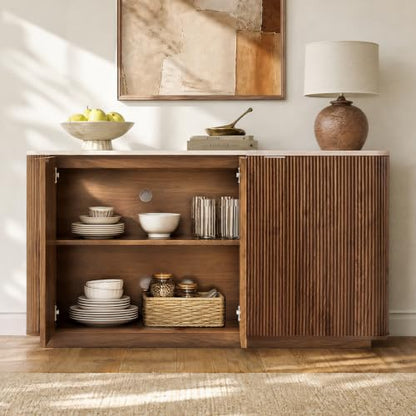 55" Fluted Buffet Sideboard with Storage Cabinet, Walnut, view 6